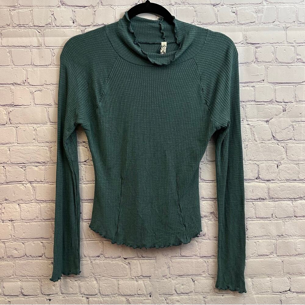 Intimately Free People Green Waffle Knit Mock Neck Long Sleeve Shirt Small